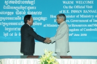 Being greeted by H.E. Mr.Lim Kean Hor, Hon’ble Minister  of Water Resources and Meteorology, Royal Government of Cambodia  9th June 2010