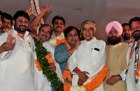General Secretary of AICC Shakeel Ahmad and PCC President Partap Singh Bajwa at public meeting in sector 22, Chandigarh.